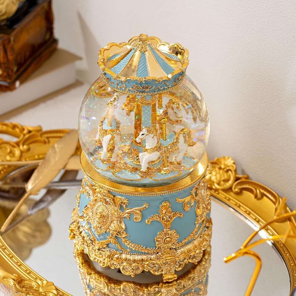 7490 Gift Wrapped Gold Plating Music Box Carousel Horses Color Lights